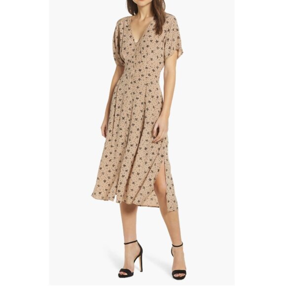 ASTR The Label Dolman Sleeve Button Down Floral Midi Dress Beige & Black | M - Picture 1 of 7
